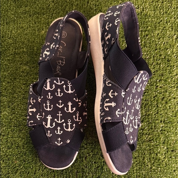 Coral Bay Navy Anchor Print Women's Sandals, Stretchy Slip On , Navy Size 8 - Picture 1 of 9